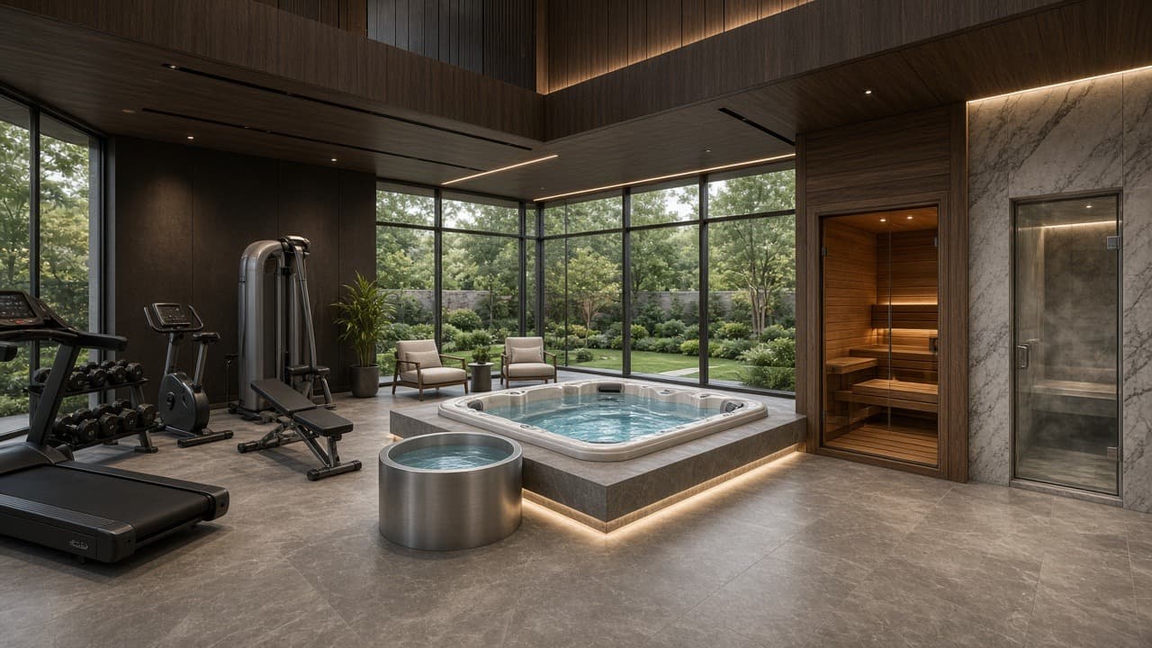 Projection d’un espace fitness et wellness dans la même pièce. Concept de démonstration. Visualisation 3D, pas une réalisation livrée par HPC FITNESS & WELLNESS.