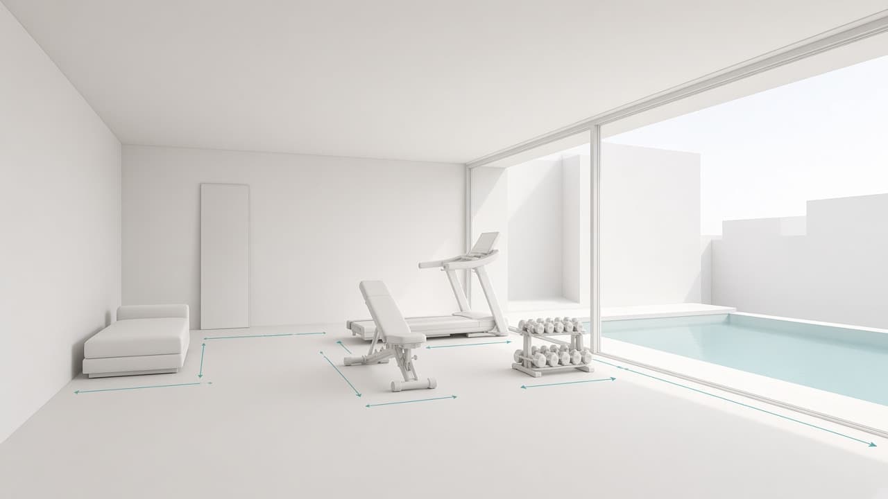Maquette 3D blanche de l’aménagement proposé. Concept de démonstration. Visualisation 3D, pas une réalisation livrée par HPC FITNESS & WELLNESS.