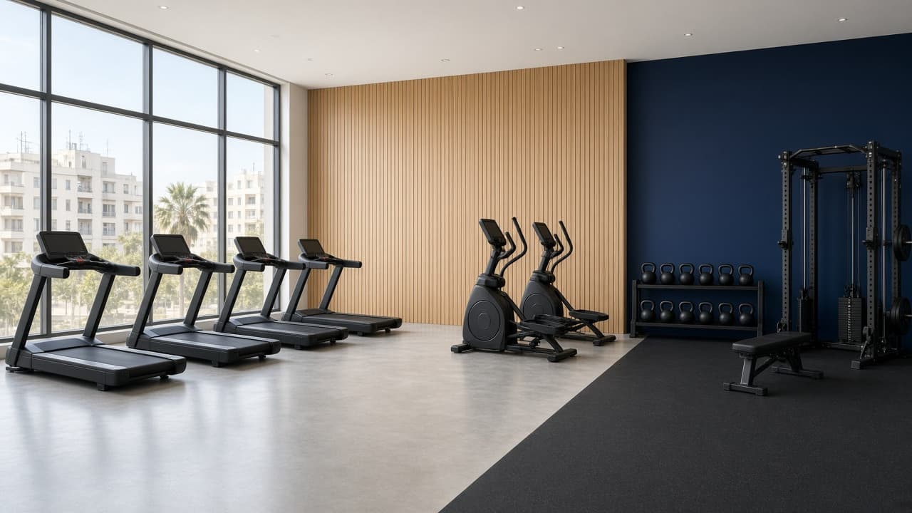 Studio de coaching en lumière du jour. Concept de démonstration. Visualisation 3D, pas une réalisation livrée par HPC FITNESS & WELLNESS.