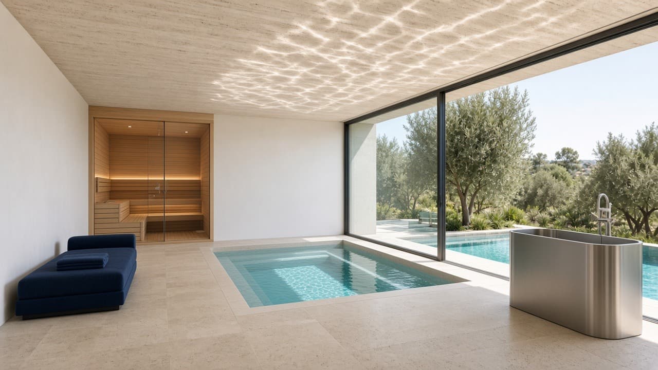 Pièce wellness avec sauna, bassin et bain froid, dans une villa. Concept de démonstration. Visualisation 3D, pas une réalisation livrée par HPC FITNESS & WELLNESS.